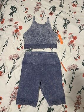Lace-Hem Mineral Wash Bike Shorts & Crop Tank Set - Blue  

Brand: Colsie